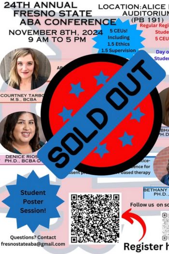A flier for the 2024 24th Annual Fresno State ABA Conference with a large red and blue circle with the words "SOLD OUT" across the flier.