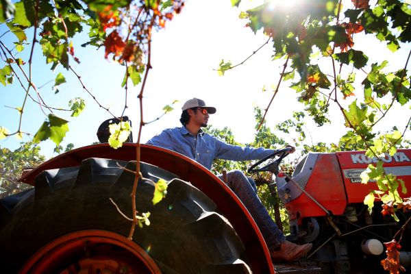 student on tractor in field