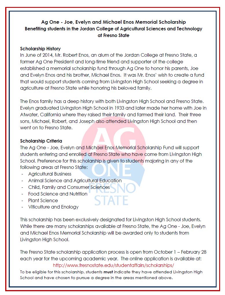 Joe, Evelyn, an Michael Enos Scholarship Info