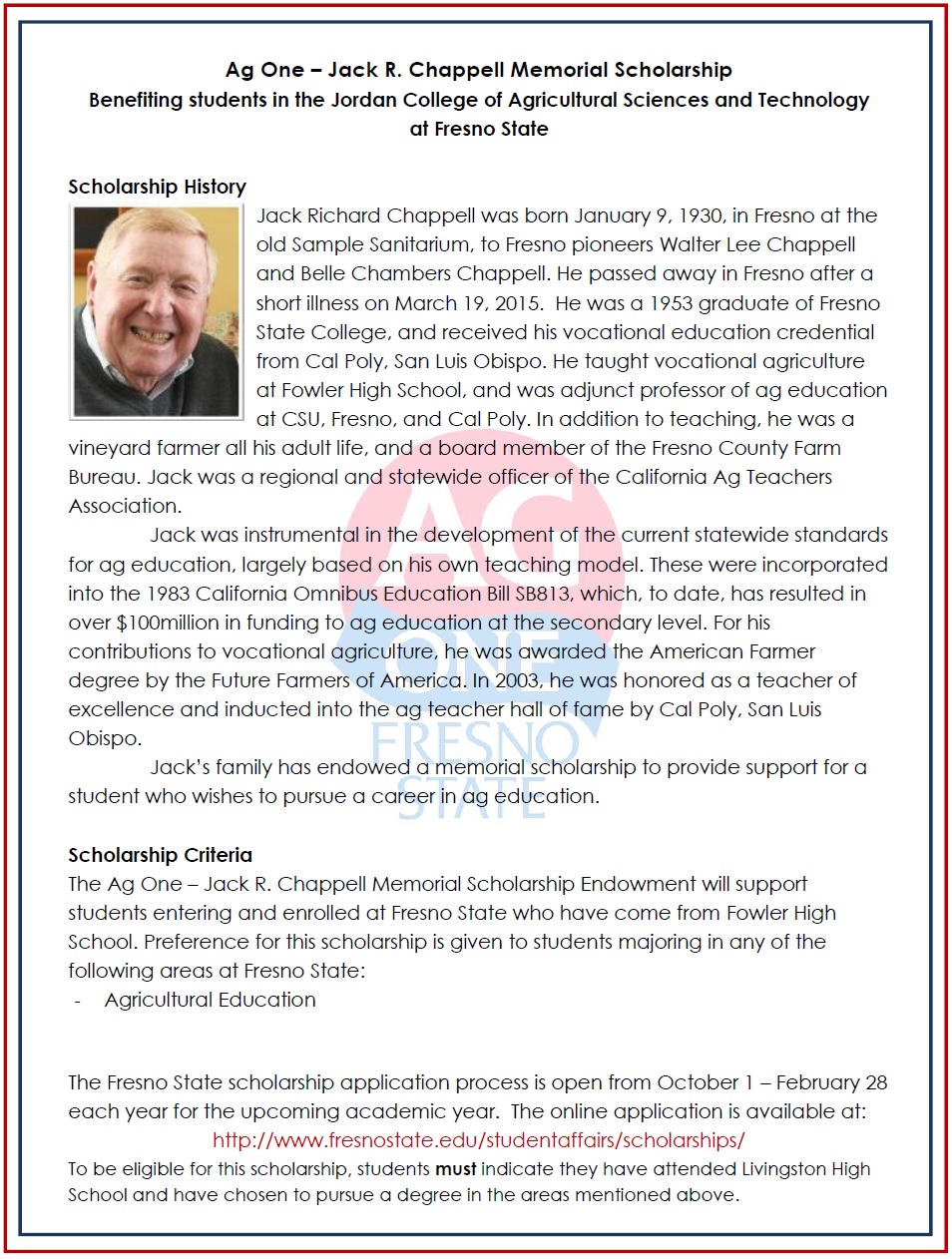 Jack R. Chappell Endowment Description