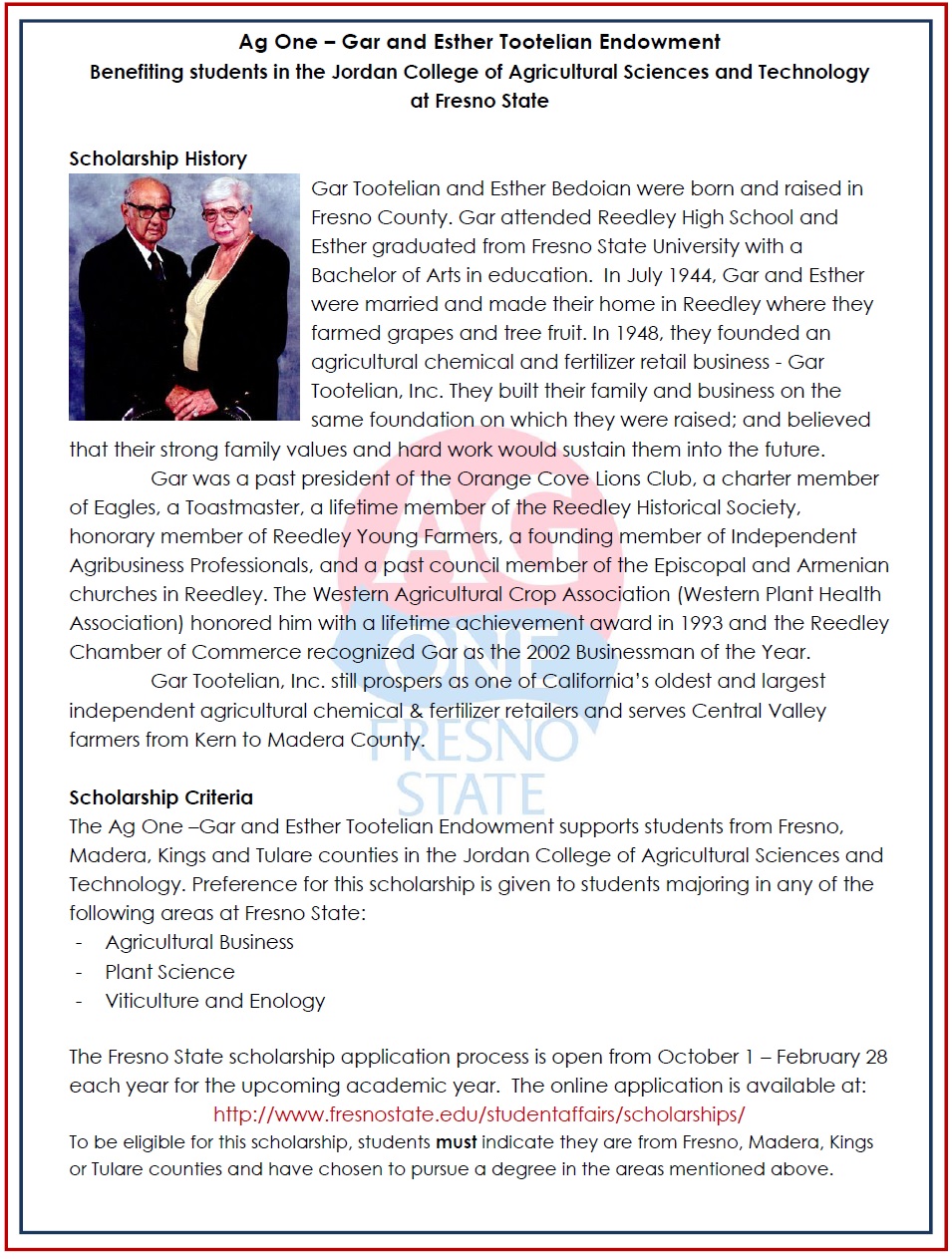 Gar and Esther Tootelian Endowment Description