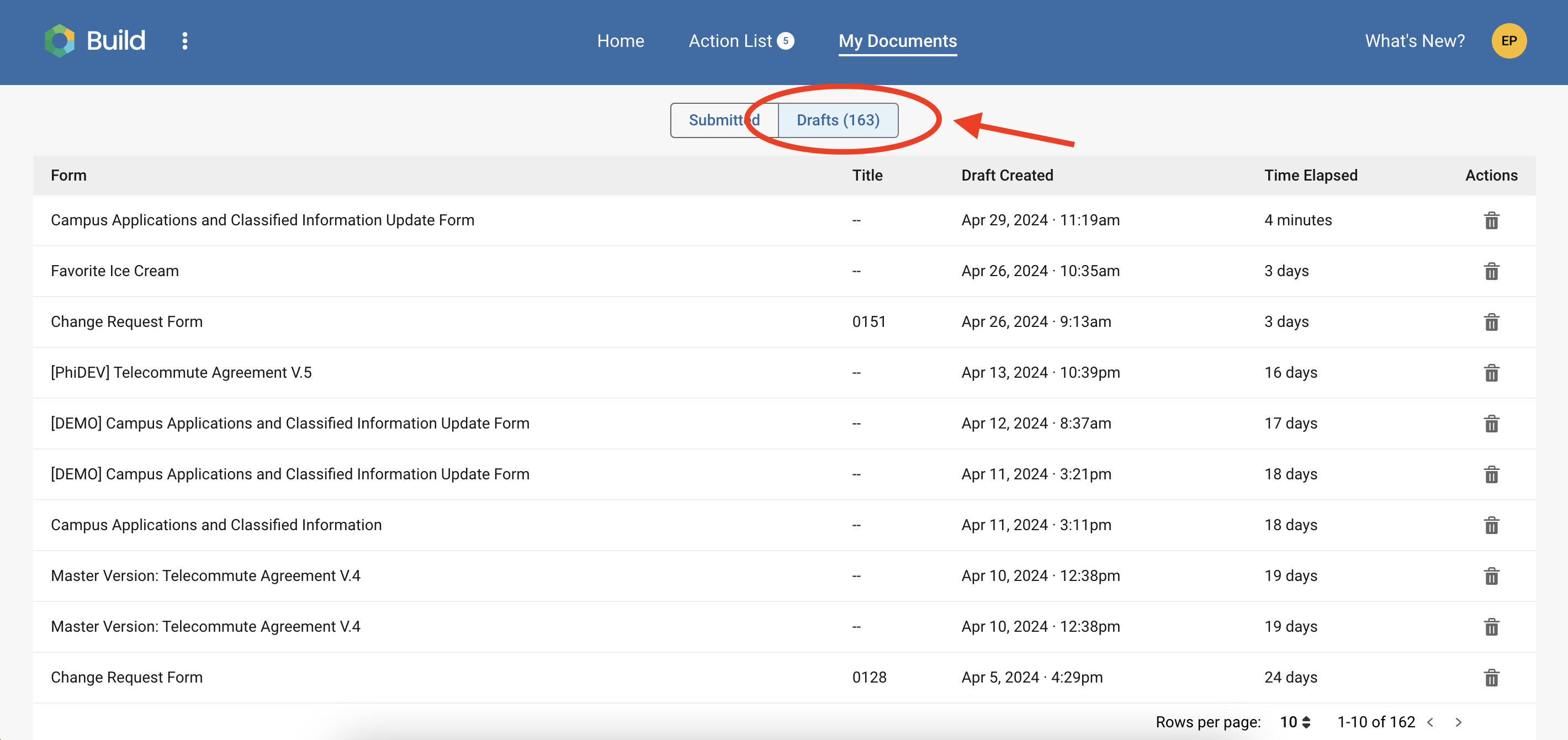 The Kuali Build My Documents Dashboard with the Drafts button highlighted.