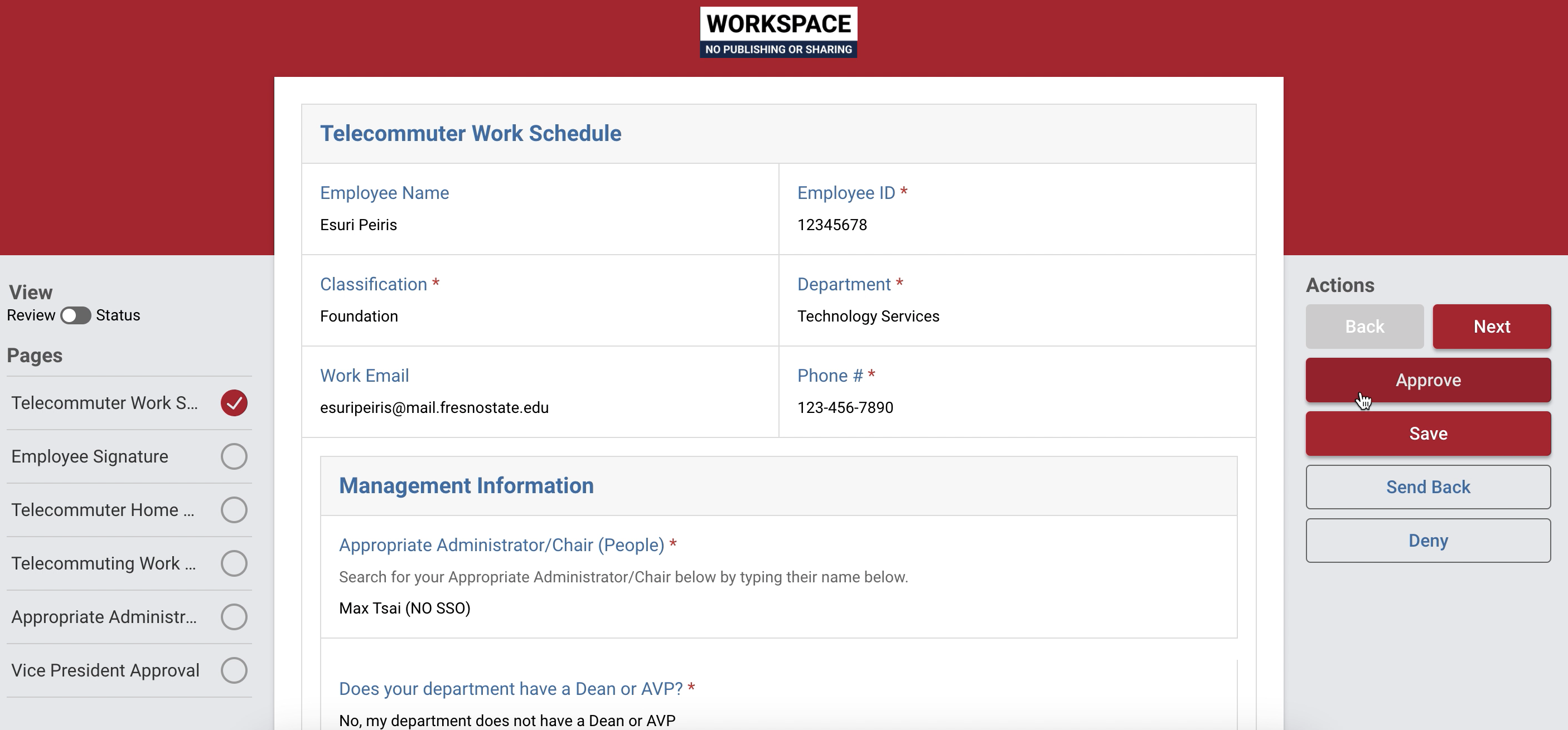 First Page of the Telecommute Agreement Form is shown. The cursor is hovering over the Approve Button located in the Actions Panel to the right of the form. 