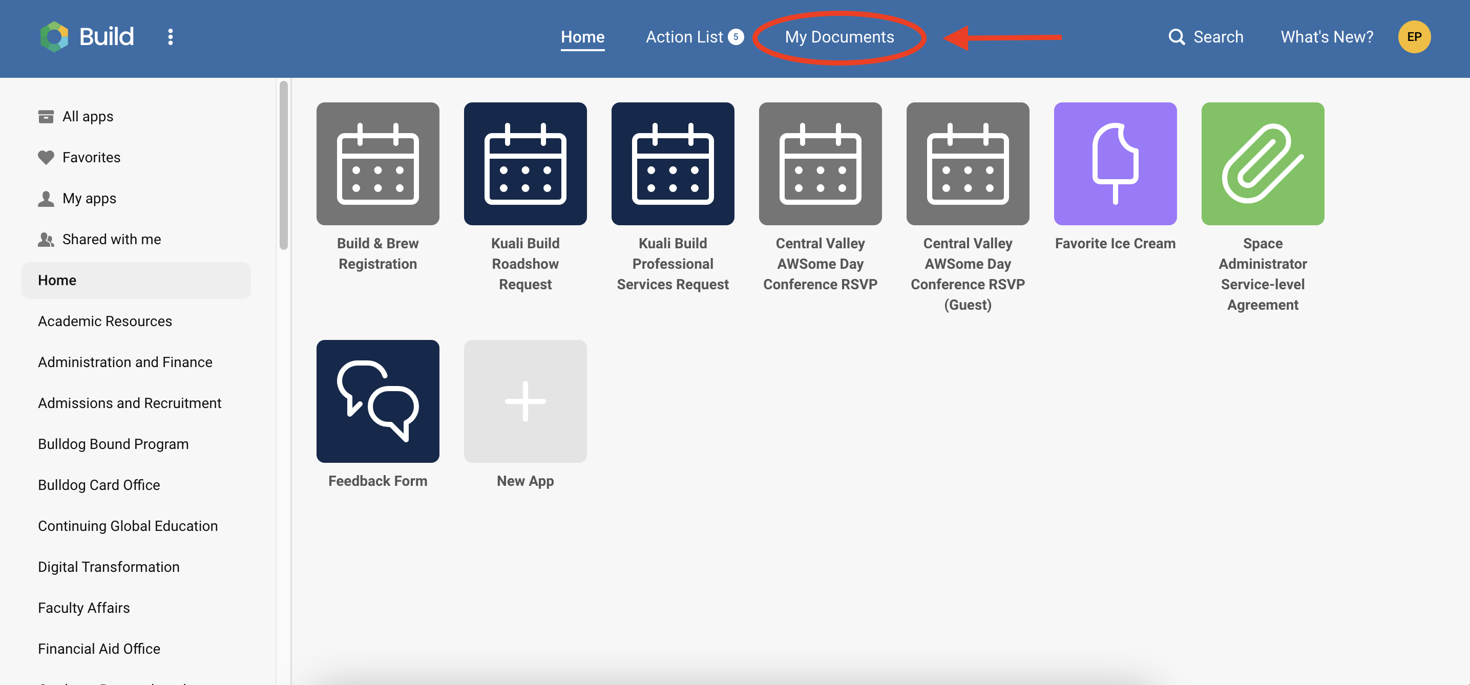 The Kuali Build Home Dashboard with thethe My Documents button highlighted. The My Documents button is located at the top of the page.