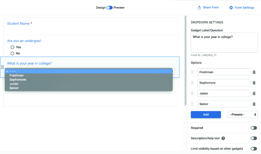 dropdown setting from form option