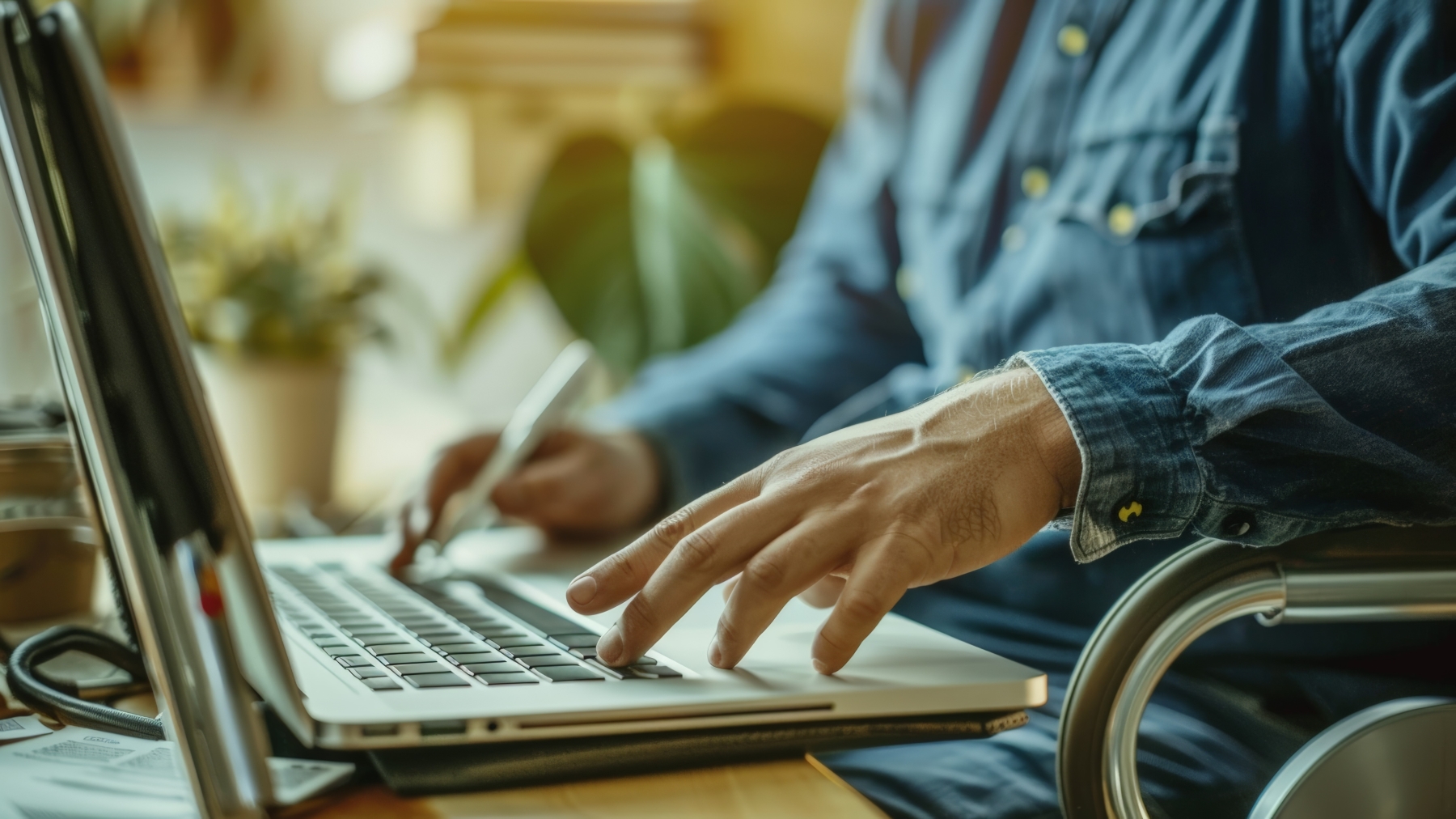 image of a person with a disability using a laptop with assistive technology, fully engaged in the meeting