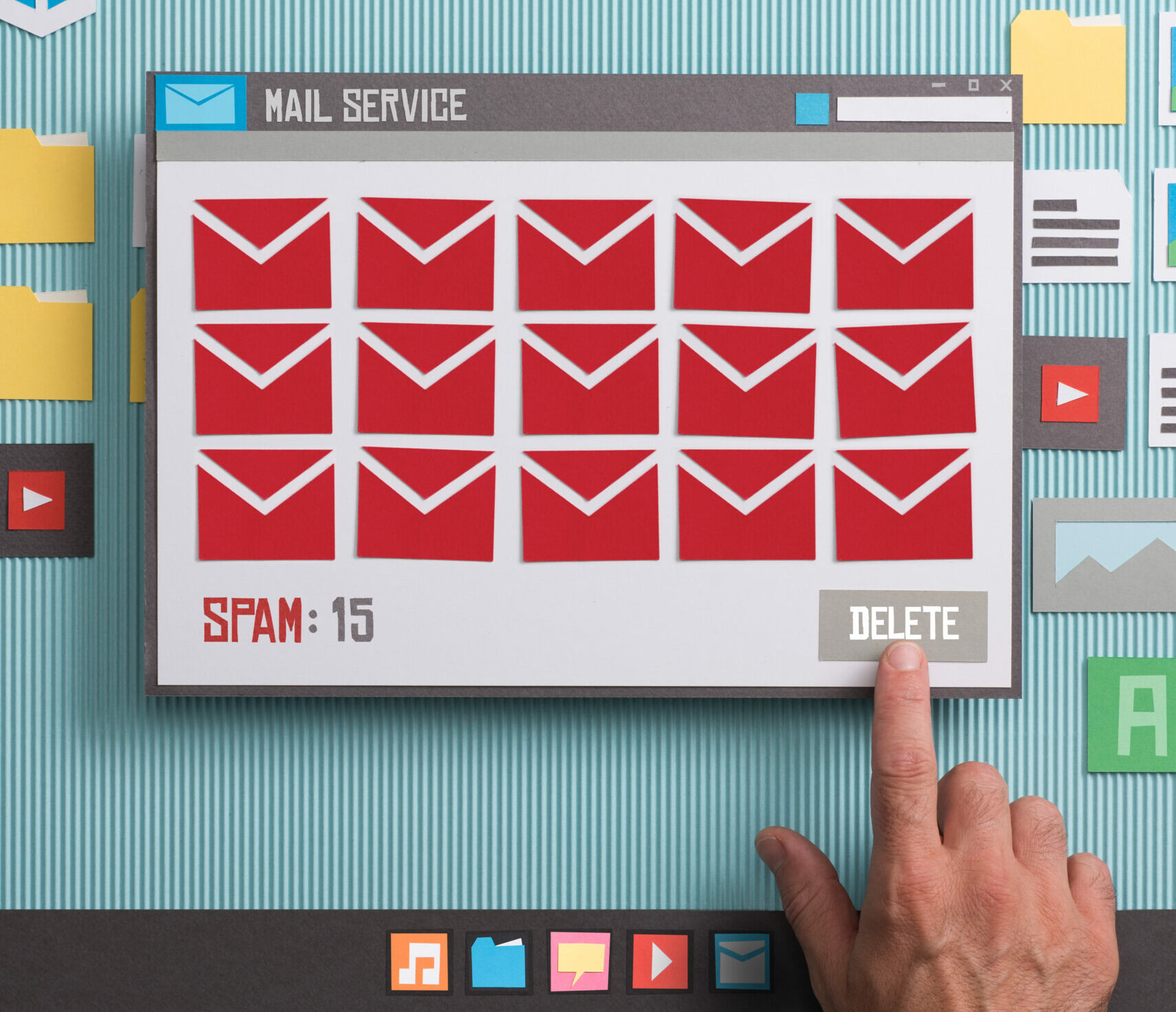 a persons hand hovering over a graphical delete button to delete all spam mails