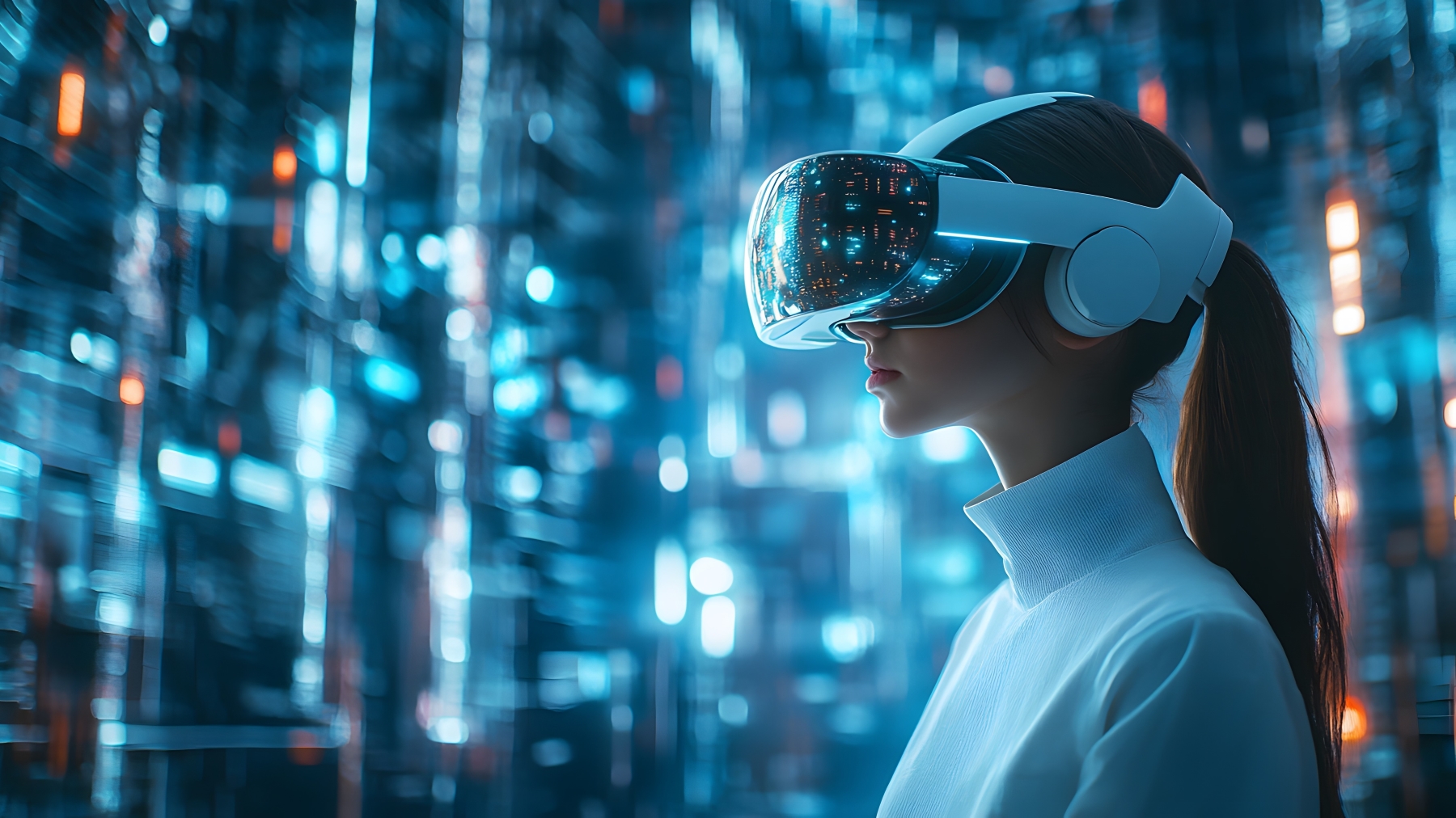 image of a women using an immersive technology with a techy futuristic background