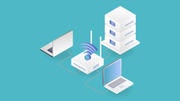 Illustration of a router wirelessly connecting to 2 laptops and a server