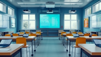 Modern classroom with blue walls and rows of orange chairs facing a large projection screen displaying educational content. The room is equipped with laptops on each desk, suggesting a technology-enhanced learning environment.