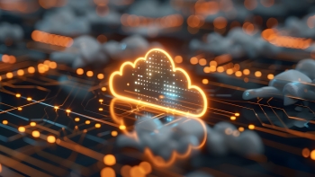 Close-up of a digital illustration depicting a glowing cloud symbol on a circuit board, symbolizing cloud computing technology. The image features vibrant orange and blue tones, highlighting connectivity and data flow across a network.