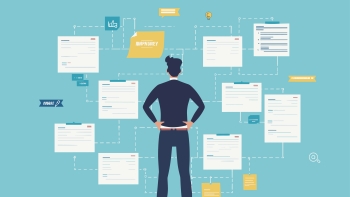 Illustration of a man standing before a complex network of digital documents and data flow charts on a blue background, representing project management and workflow organization in a business context.