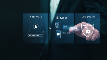 A person in a dark suit interacts with a virtual interface illustrating the security login process, featuring icons for password entry, multi-factor authentication (MFA), and a logged-in status, emphasizing cybersecurity measures.