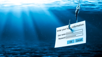 A conceptual image illustrating phishing, featuring a login information dialog box with fields for username and password, suspended on a hook submerged in deep blue water, symbolizing the bait in online scams.