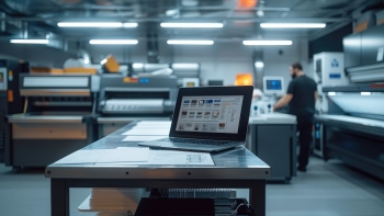 Industrial printing facility with focus on a laptop displaying design software on a desk, while an operator works with large printing machinery in the blurred background, highlighting a modern print production environment.