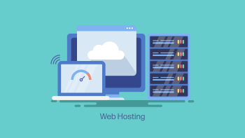 Simple illustration depicting web hosting, featuring a desktop computer, a laptop, and server racks connected by digital signals, set against a light green background with the label "Web Hosting" beneath.