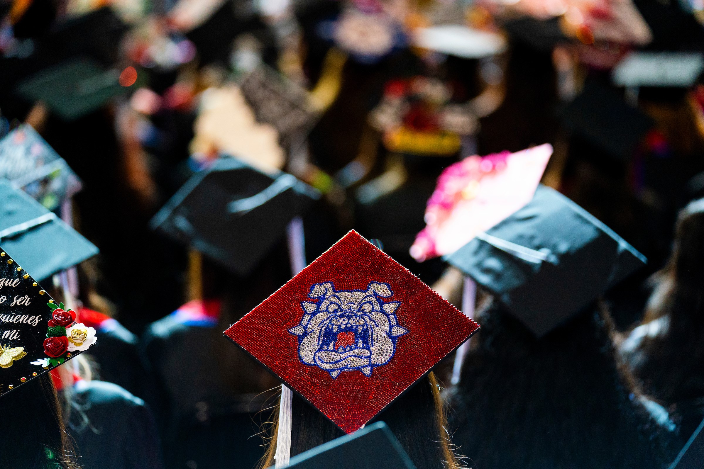 photograph of students graduation caps with a fresno state bulldog logo decorated on it. 