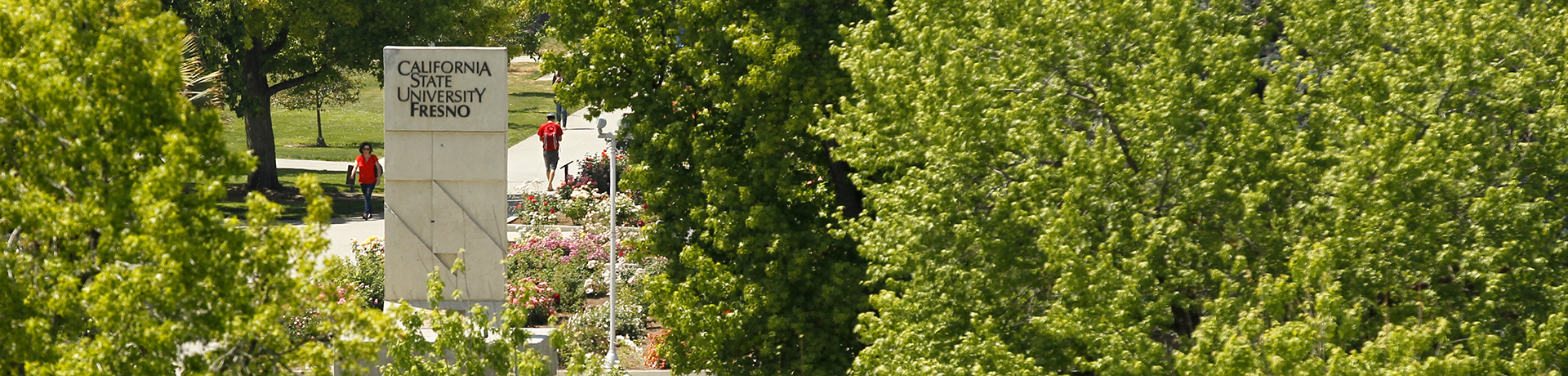 California State University, Fresno cement sign amongst green trees