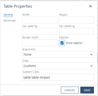 Table properties Screenshot